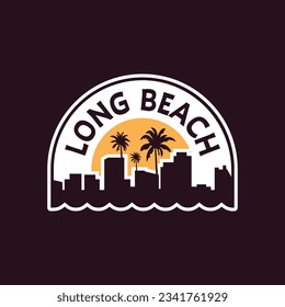 Insignia de Long Beach California Parche ilustración vectorial vintage con silueta de ciudad, puesta de sol de palmeras