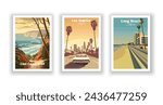 Long Beach, California. Los Angeles, California. Lost Coast Trail, California - Set Vintage Travel Poster. Vector illustration. High quality prints