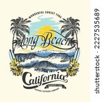 long beach california summer time, summer beach sunshine vector print design artwork, take me to the sunshine, Beach Paradise Print T-shirt Graphics Design, typography slogan on palm trees background