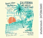 long beach california summer time, summer beach sunshine vector print design artwork, take me to the sunshine, Beach Paradise Print T-shirt Graphics Design, typography slogan on palm trees background