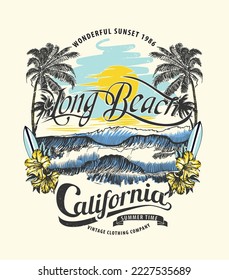 long beach california summer time  summer beach sunshine vector print design artwork  take me to the sunshine  Beach Paradise Print T  shirt Graphics Design  typography slogan palm trees background