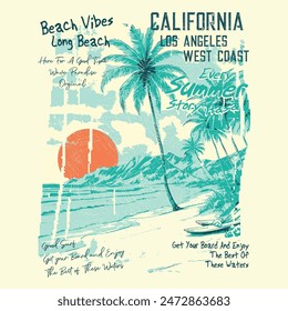 long beach california summer time, summer beach sunshine vector print design artwork, take me to the sunshine, Beach Paradise Print T-shirt Graphics Design, typography slogan on palm trees background