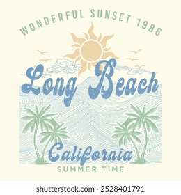 long beach california summer time, summer beach sunshine vector print design artwork,  Beach vibes print design. Hand sketch vector design. Big wave artwork. Beach wave t-shirt prints and other.