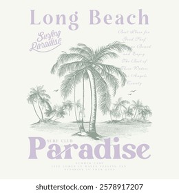 long beach california summer time, summer beach sunshine vector print design artwork, take me to the sunshine, Beach Paradise Print T-shirt Graphics Design, typography slogan on palm trees background