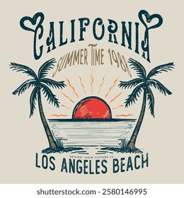 long beach california summer time, summer beach sunshine vector print design artwork, take me to the sunshine, Beach Paradise Print T-shirt Graphics Design, typography slogan on palm trees background