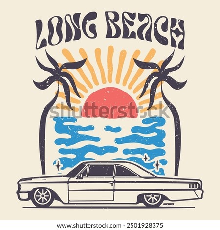 Long beach california summer time, Vintage car with palm trees and the sun. summer vibes hand draw, summer with beach illustration, Hawaii, Aloha surf typography for t-shirt print, beach vector print