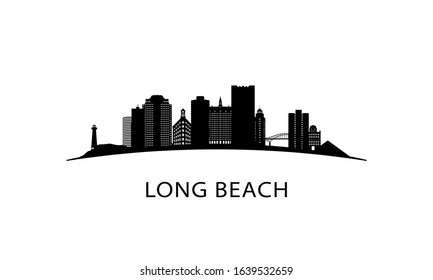 Long Beach city skyline. Black cityscape isolated on white background. Vector banner.