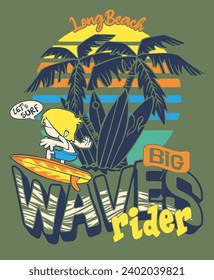 Long Beach kids surf waves rider cute cartoon vector surfer for children summer wear and t shirt