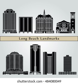 Long Beach landmarks and monuments isolated on blue background in editable vector file