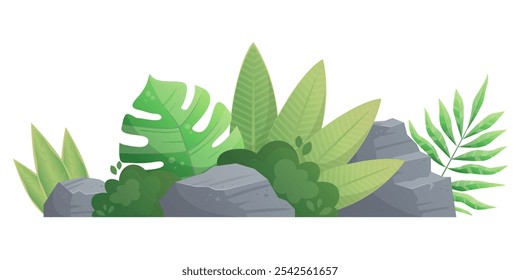 Long Beach Paisaje Horizontal de piedra y planta tropical monstera, helecho, suculentas aisladas sobre fondo blanco. icono de palmeras de bosque tropical de dibujos animados para diseño de juegos, Plantillas, impresiones