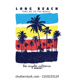 Long Beach in Los Angeles California T-shirt Prints, tropical sunset. surf and beach. vintage beach print. California surfing, beach vector print and varsity.  tee graphic design