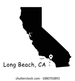 Long Beach on California State Map. Detailed CA State Map with Location Pin on Long Beach City. Black silhouette vector map isolated on white background.