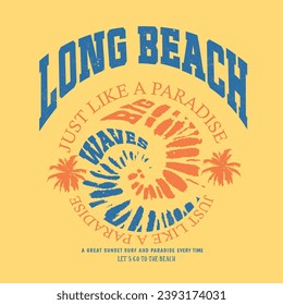 Long Beach Palm Tree California varsity t-shirt Men's and women's, Big Wave in Taye dye view, summer print design