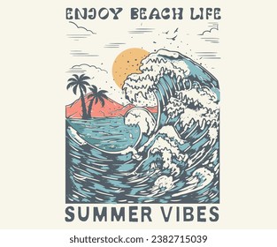 Long beach print design artwork. Beach Paradise Print t shirt graphics design, typography slogan on palm trees background. Summer beach vibes. Surfing club. Enjoy beach life. Ocean wave. Coconut tree,