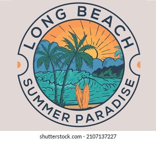 Long beach retro graphic design for t shirt, sticker, poster, apparel and others. Summer Paradise print artwork. 