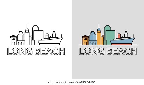 Vista aérea de Long Beach com Queen Mary e edifícios portuários para a arte náutica da paisagem urbana.