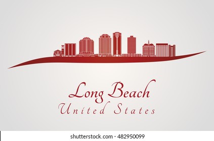 Long Beach skyline in red and gray background in editable vector file