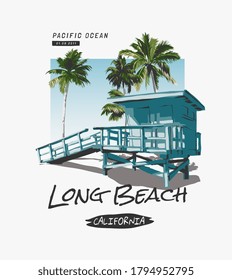 long beach slogan with beach side hut and palm tree illustration