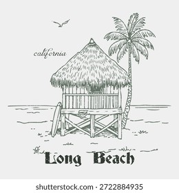 slogan longo praia com cabana lateral praia e palmeira ilustração
