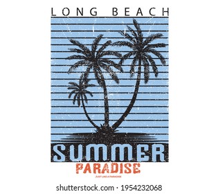 Long beach summer paradise vector t-shirt design. Palm beach vibes design. American beach design for apparel and others.
