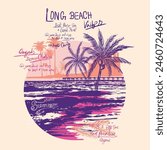 Long beach, summer vibes hand draw, summer beach slogan with beach illustration, Summer good vibes artwork for apparel. palm long beach illustration vector. Big wave