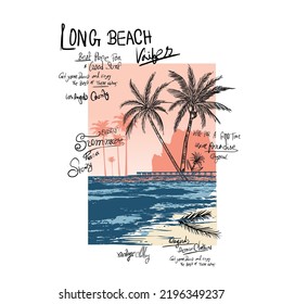 Long beach, summer vibes hand draw, summer beach slogan with beach  illustration, Hawaii, Aloha surf typography for t-shirt print , beach vector print,