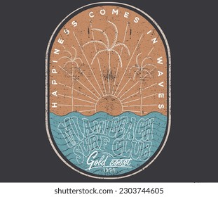 Larga playa, eslóganes de verano, eslogan de verano con ilustración de playa, Hawaii, tipografía de surf Aloha. Verano buenos vibes de palmeras vectores de árbol de palma ilustraciones, Chicas, hombres, gráficos vectores de playa de verano.