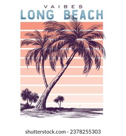 Long beach, summer vibes hand draw, summer beach slogan with beach illustration, Hawaii, Aloha surf typography for t-shirt print , beach vector print,