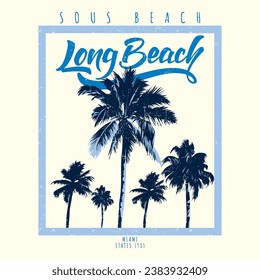 Long beach, summer vibes hand draw, summer beach slogan with beach illustration, Hawaii, Aloha surf typography for t-shirt print , beach vector print,