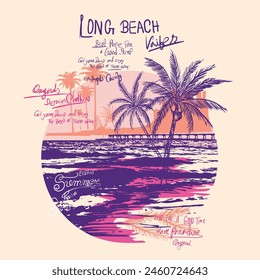 Long beach, summer vibes hand draw, summer beach slogan with beach illustration, Summer good vibes artwork for apparel. palm long beach illustration vector. Big wave