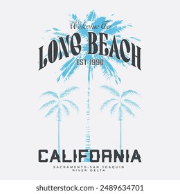 Long beach, summer vibes hand draw, summer beach slogan with beach illustration, Hawaii, Aloha surf typography for t-shirt print , beach vector print,