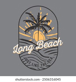 Long beach, summer vibes hand draw, summer beach slogan with beach illustration, Hawaii, Aloha surf typography for t-shirt print , beach vector print,