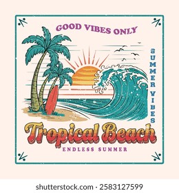 Long beach, summer vibes hand draw, summer slogan with beach illustration, Hawaii, Aloha surf typography for t-shirt print , beach vector print, for t-shirt prints, posters and other uses.