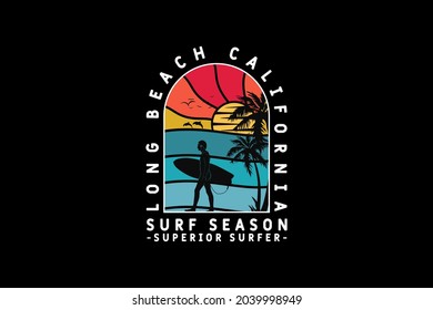 .Long beach surf season, design silhouette retro style