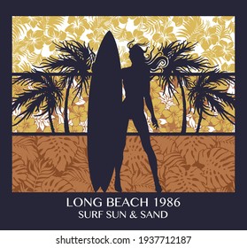 Long Beach surfing girl vintage vector print for girl t shirt with tropical pattern background