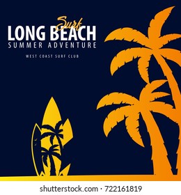 Long Beach Surfing graphic with palms. T-shirt design and print