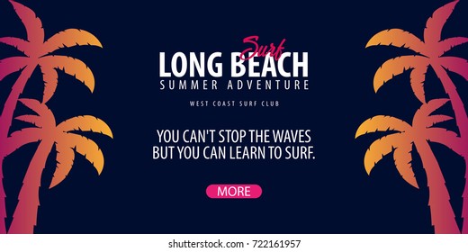 Long Beach Surfing graphic with palms. Surf club Vector banner