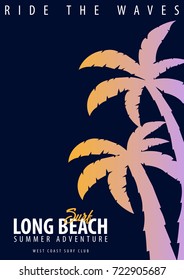 Long Beach Surfing graphic with palms. T-shirt design and print