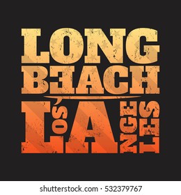 Long Beach tee print with surfboard. T-shirt design, graphics, stamp, label, typography