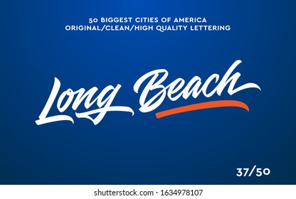 Long Beach, USA hand made calligraphic lettering in original style. US cities typographic script font for prints, advertising, identity. Hand drawn touristic art in high quality. Travel and adventure