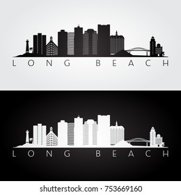 Skyline und Wahrzeichen von Long Beach usa Silhouette, schwarz-weißes Design, Vektorgrafik.