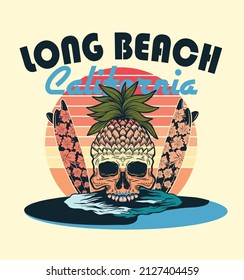 long beach.California.pineapple skull .summer clothing print design. 