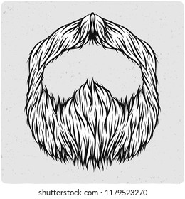 Long beard. Black and white illustration. Isolated on light backgrond with grunge noise and frame.