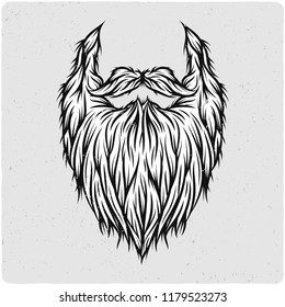 Long beard. Black and white illustration. Isolated on light backgrond with grunge noise and frame.