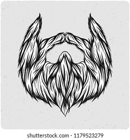 Long beard. Black and white illustration. Isolated on light backgrond with grunge noise and frame.