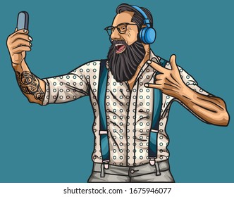 long bearded hipster man wearing a head phone 