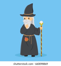 A long bearded wizard wearing hat and robe, holding a staff and bottle of potion tied to his waist
