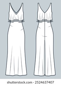 Longa Bias Vestido ilustração de moda técnica. Tassel trim Vestido moda modelo de desenho técnico plano, frills, zíper de trás, frente e vista de trás, branco, mulheres CAD mockup.