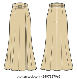 Long Bias Skirt technical fashion Illustration. High Waist Skirt fashion flat technical drawing template, belt, A-line, zipper, front and back view, beige, women Skirt CAD mockup.