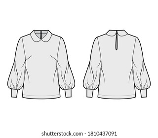 Long bishop sleeve blouse technical fashion illustration with round collar, back button-fastening keyhole. Flat shirt apparel template front, back grey color. Women, men unisex top CAD mockup